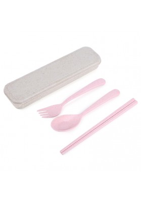 Wheat Straw Portable Camping Picnic Spoon Fork Chopsticks Set Flatware Pink